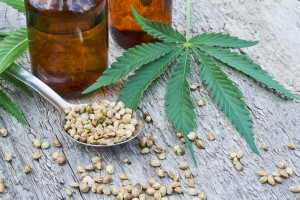 hemp leaves on wooden background, seeds, cannabis oil extracts in jars.